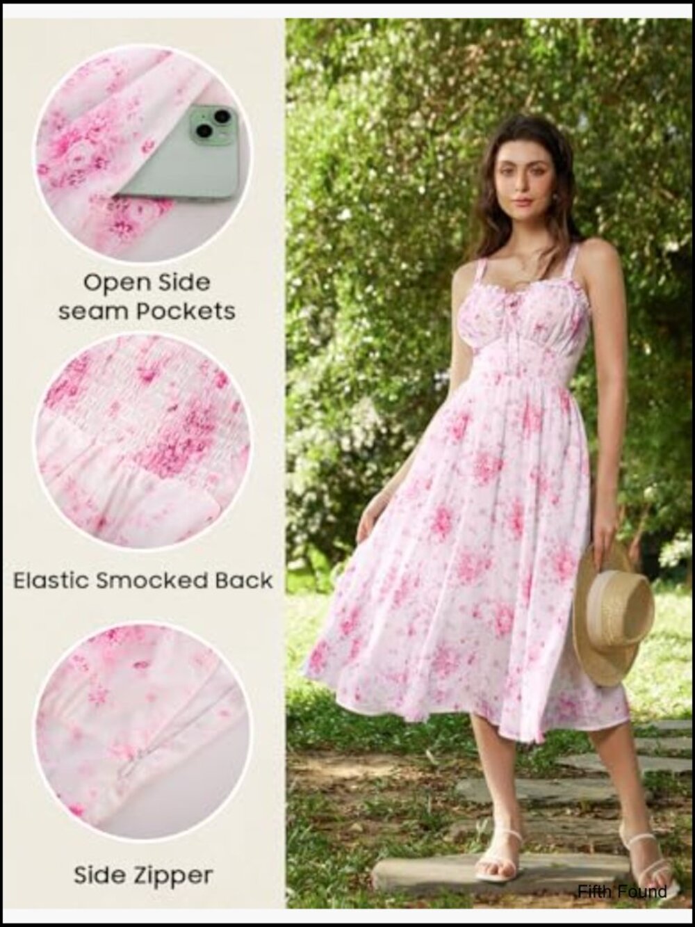 Floral Corset Midi Dress with Pocket Square Neck Sleeveless A-Line Summer - Picture 4 of 7